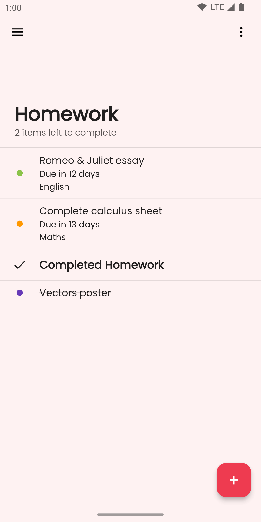 simple homework planner